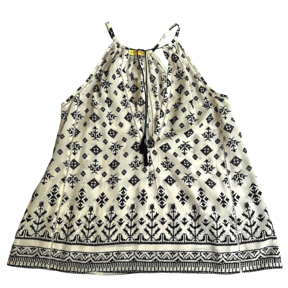 Joie 100% Silk Boho Tassel Tank Top Ivory Black Print Size M Retail $158